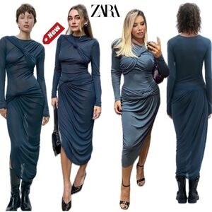 Zara ZW Collection asymmetrical twisted knotted long sleeve dress slate blue S